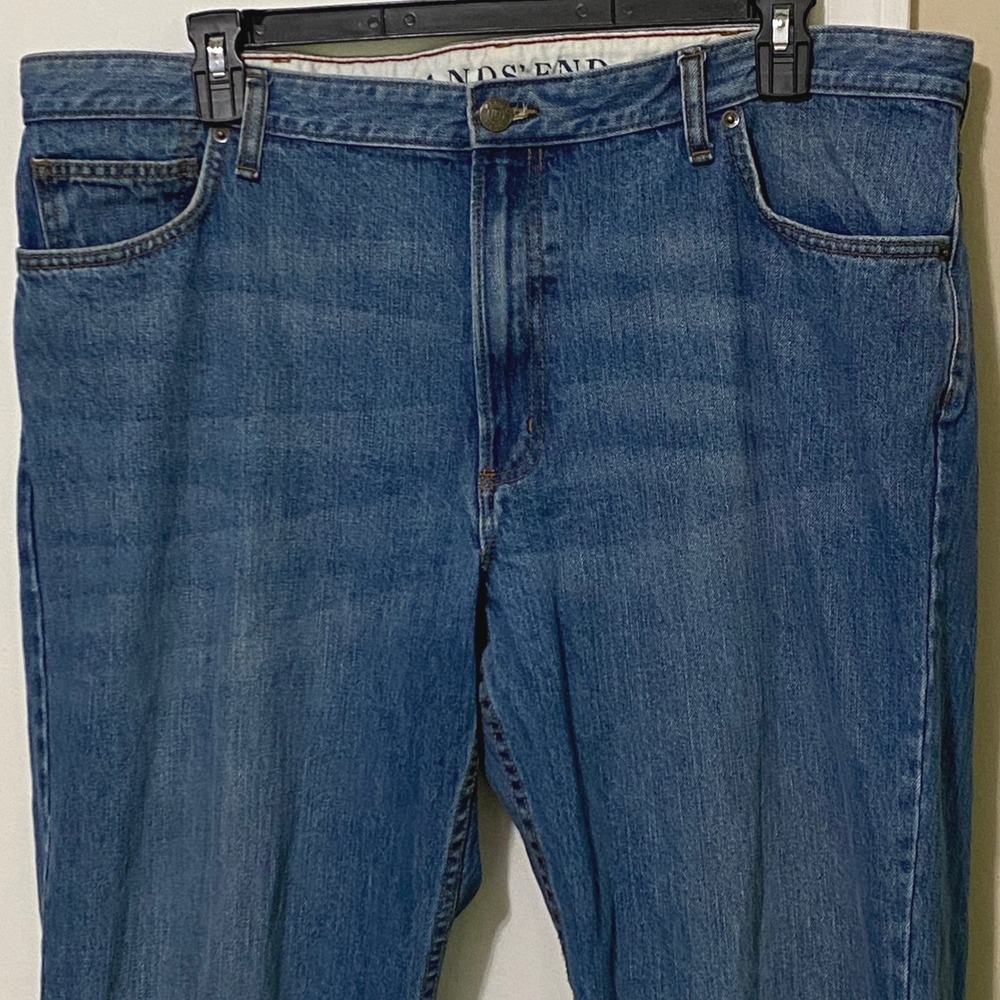 Lands End Traditional Fit Mens Jeans 42 Whiskered Worn Faded Heritage Americana